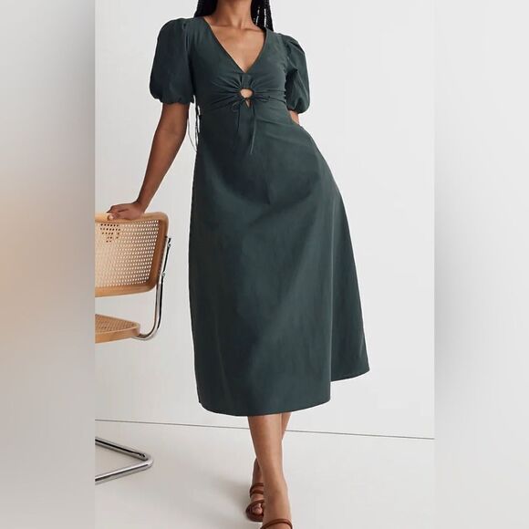 Madewell Poplin Cutout Puff-Sleeve Midi Dress NWT Size 0 - Picture 1 of 12